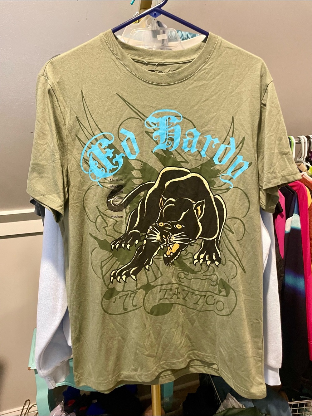 Ed Hardy Olive Tee with Black Panther and Blue Logo NWT!